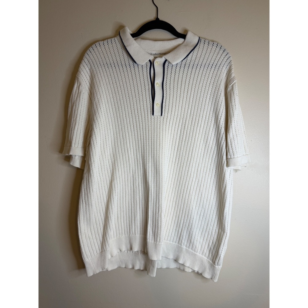 American Eagle Mens XL Cream Knit Sweater Polo Navy Trim 100% Cotton Y2K